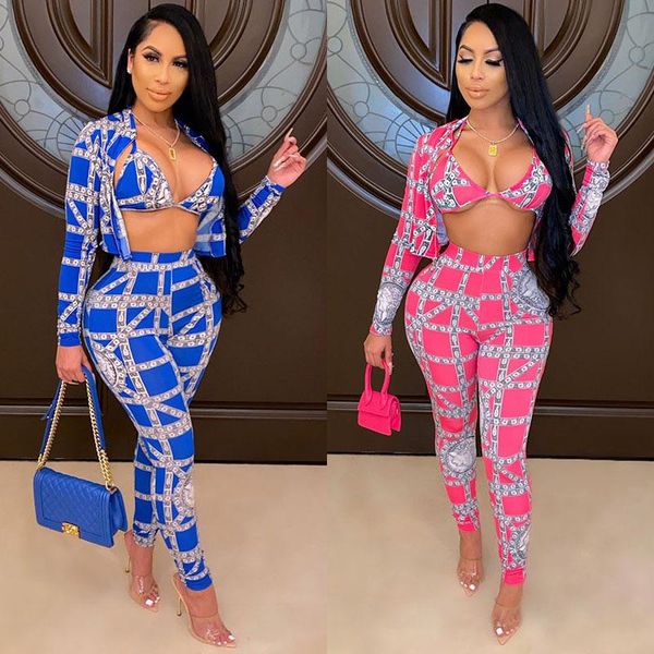 

women's tracksuits autumn and winter three-piece print striped tight suit, Gray