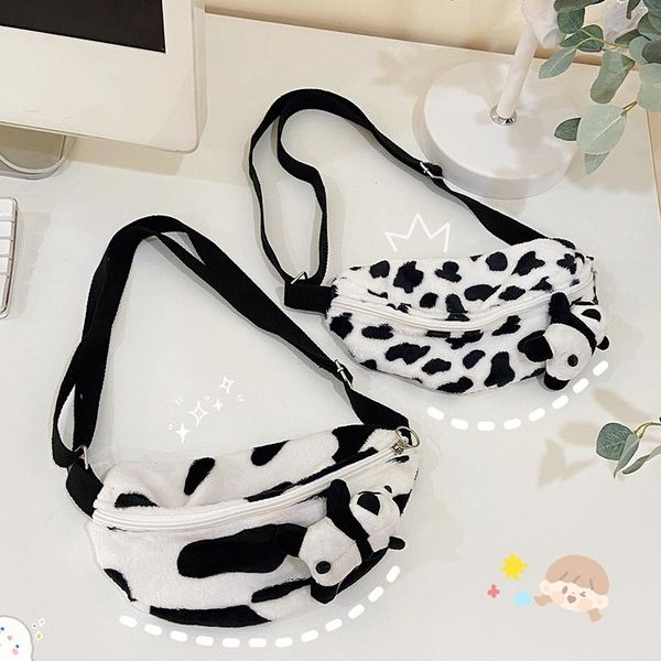 

hylhexyr ins cow pattern waist packs bags female canvas belt bag simple plush pocket wallet women's purse chest phone pouch