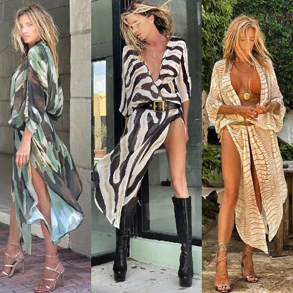 

women's swimwear 2021 boho print chiffon tunic bathing suit cover-ups plus size beach wear long kimono dress women summer swimsuit cove, White;black