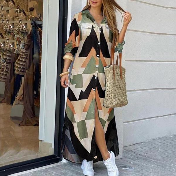 

casual dresses fashion for women 2021 loose long sleeve oversize dress pocket button geometry print vestidos de mujer, Black;gray