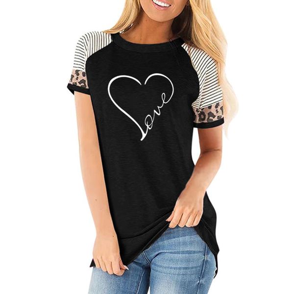 

women's t-shirt love heart print t shirt summer round neck striped leopard pattern cotton short sleeve for women, White