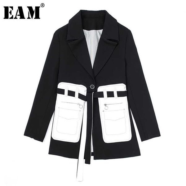 

[eam] women black pocket split temperament blazer lapel long sleeve loose fit jacket fashion spring autumn 1s394 210930, White;black