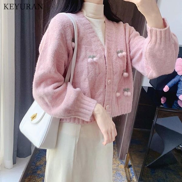 

women's knits & tees pink cute cherry cardigan sweater coat women sweet girl knitted sweaters outwear ladies vintage knitwear crop, White