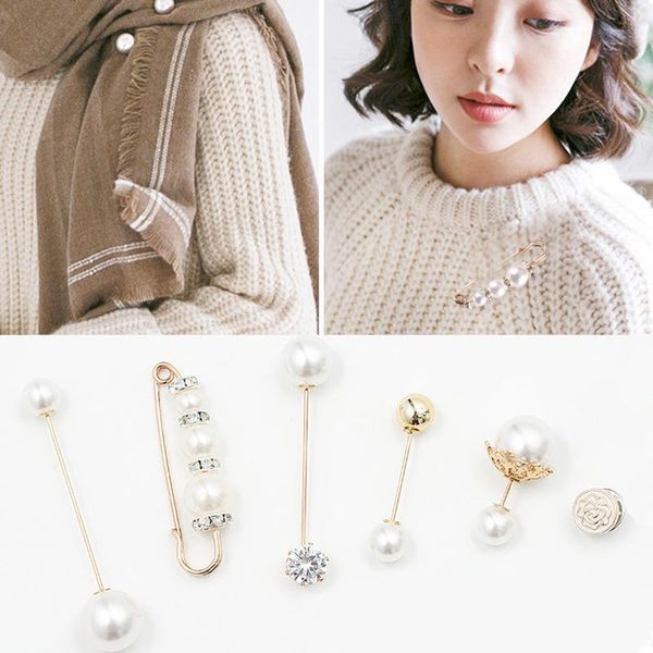 

pins, brooches vintage crystal safty scarf pins dress pearl rhinestone decoration buckle jewelry for women musilim hijab gift, Gray