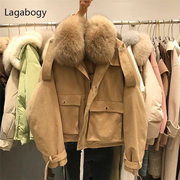 

lagabogy real fur collar winter 90% white duck down coat women loose thick parkas female vintage pocket puffer jacket 211126, Black