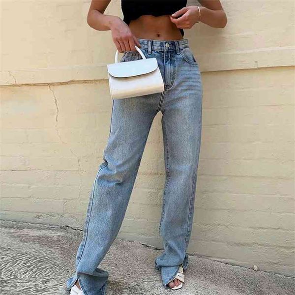 

women high waist jeans pant spring loose solid denim pants button summer retro ladies zipper blue floor split 210517