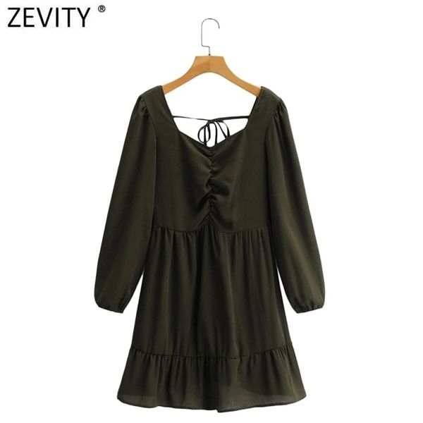 

women vintage pleats square collar mini shirt dress female chic back lace up casual slim zipper kimono vestido ds8196 210420, Black;gray