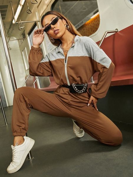 

colorblock half zipper jumpsuit without bag 45xk#, White