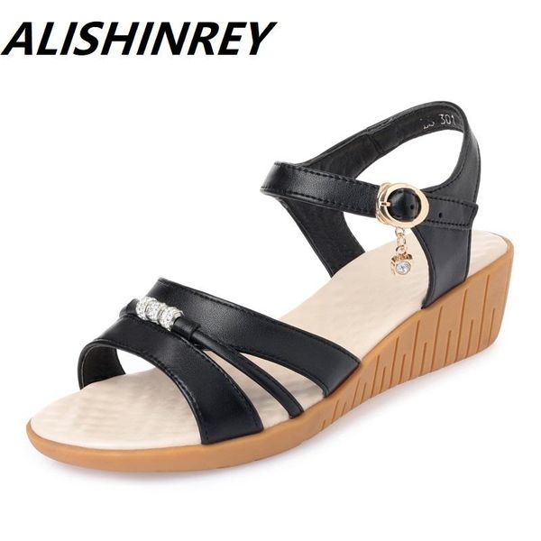 

women sandals leather casual shoes fashion mother flat ladies summer big size 35-43, Black