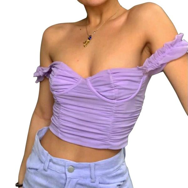 

women's t-shirt women ruched crop casual short puff sleeve off shoulder solid color mesh t-shirts soft fabric comfortable easy to wear, White