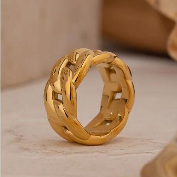 

minimalist metal texture chain ring for women stainless steel round gold color statement ring 18 k plated party gift, Slivery;golden