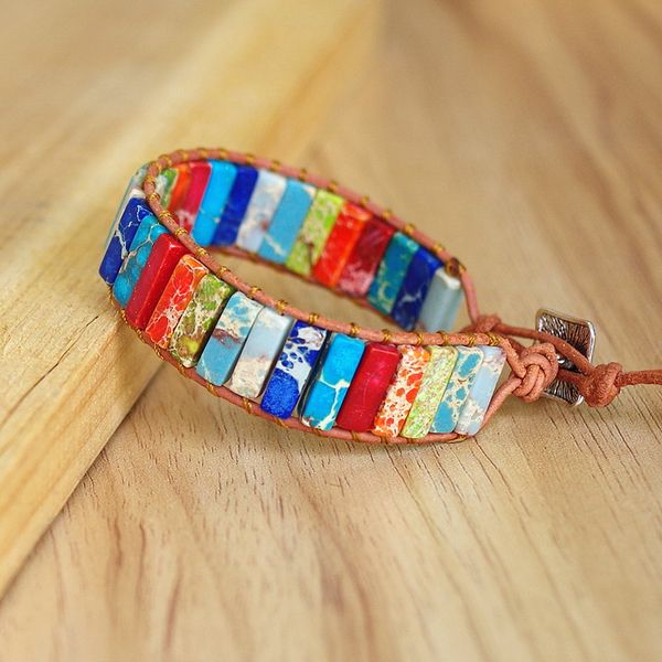 

handmade jewelry leather wrap bracelet natural stone tube beads 7 chakra bracelet charm bracelets couples gifts, Golden;silver