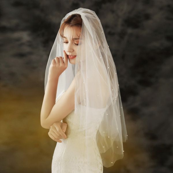 

1 layer pearl wedding bridal veil with comb-cut edge long chapel, Black