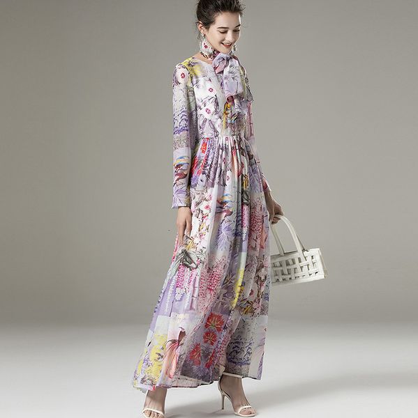 

dresses vintage spring summer clothing women o-neck runway print scarves deco long sleeve maxi, Black;gray