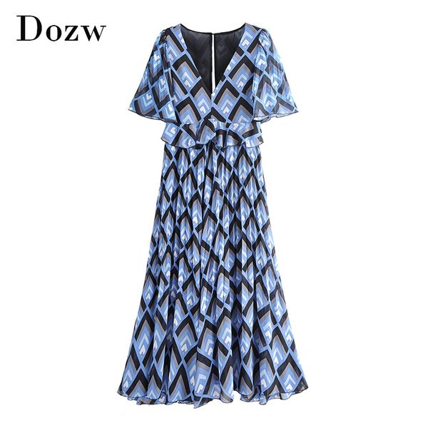 

women fashion geometric print pleated dress v neck flare short sleeve casual long maxi dress ruffles hollow out chiffon dress 210414, Black;gray