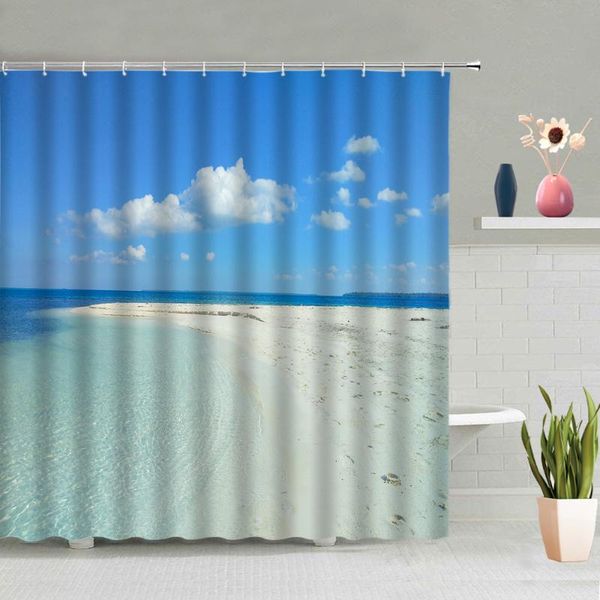 

bathroom decoration sunshine blue coast stones sea view partition screen shower curtain waterproof polyester fabric with hook curtains