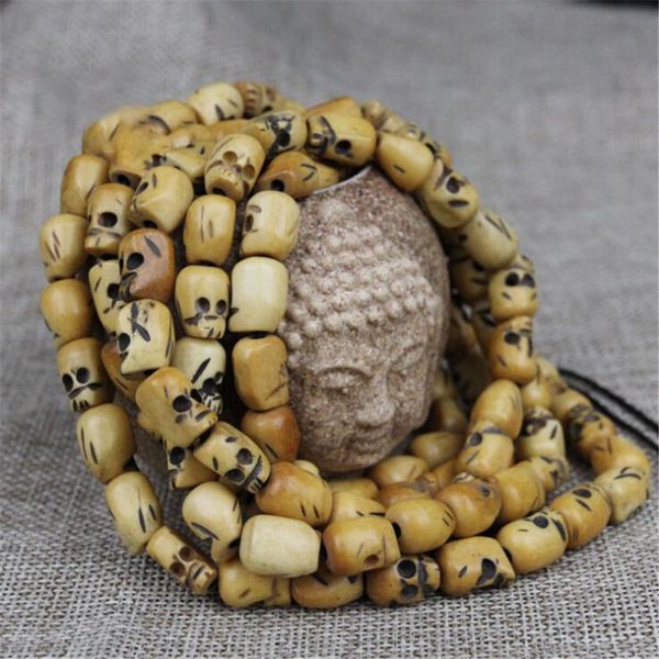 

beaded, strands natural retro yak bone buddha beads hand carved skull 108 mala bracelets diy accessories carving men jewelry, Black