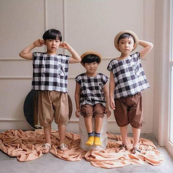 

spring summer t-shirt for boys plaid print t shirt kids girls tees short sleeve cotton linen baby clothes 1-5 years 210413, White;black