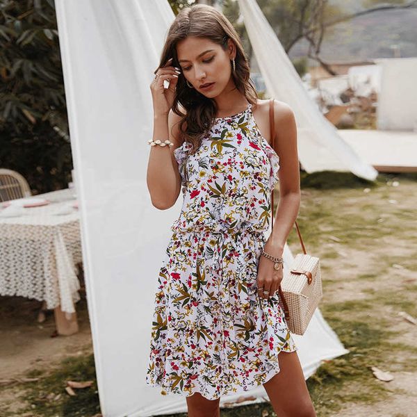 

casual dresses women summer spaghetti strap boho floral print halter sleeveless ruffles mini holiday beach vestidos 0nn6, Black;gray