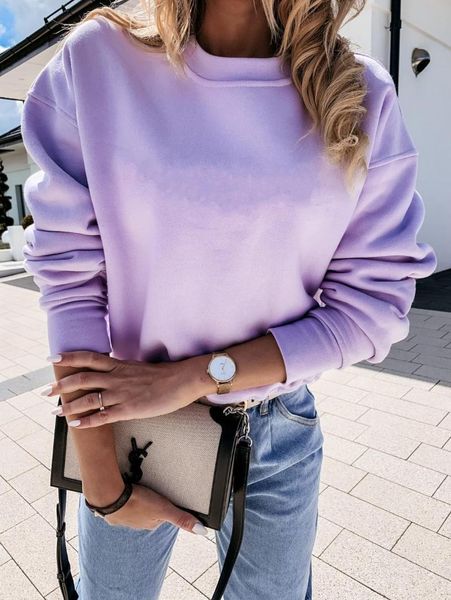 

women's hoodies & sweatshirts women solid o-neck sweatshirt 2021 autumn winter fashion long sleeve casual purple blue cotton loose pull, Black