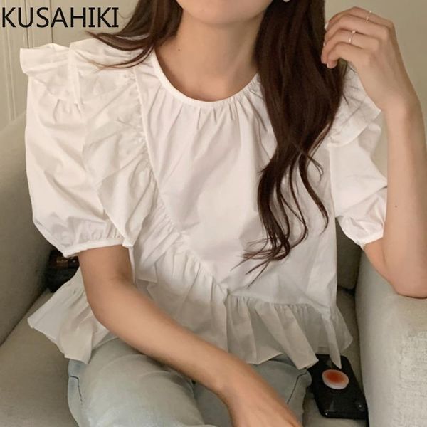 

women's blouses & shirts kusahiki sweet o-neck short blouse korean chic puff sleeve woman 2021 irregular ruffle blusas mujer moda 6k76, White