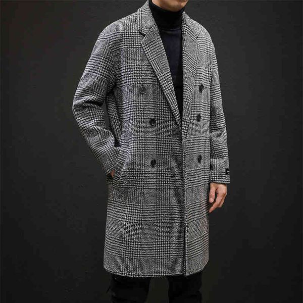 

yasuguoji casual double breasted mens wool overcoat winter 2019 houndstooth et men turn-down collar long woollen wind coat, Black;brown