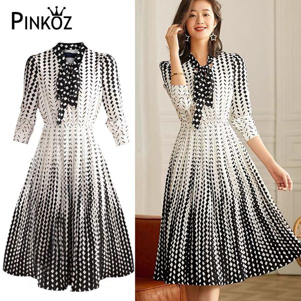 

black white plaid printed bow collar lace up pleated midi dress women lady office dresses a-line plus size 2xl vestidos 210421, Black;gray