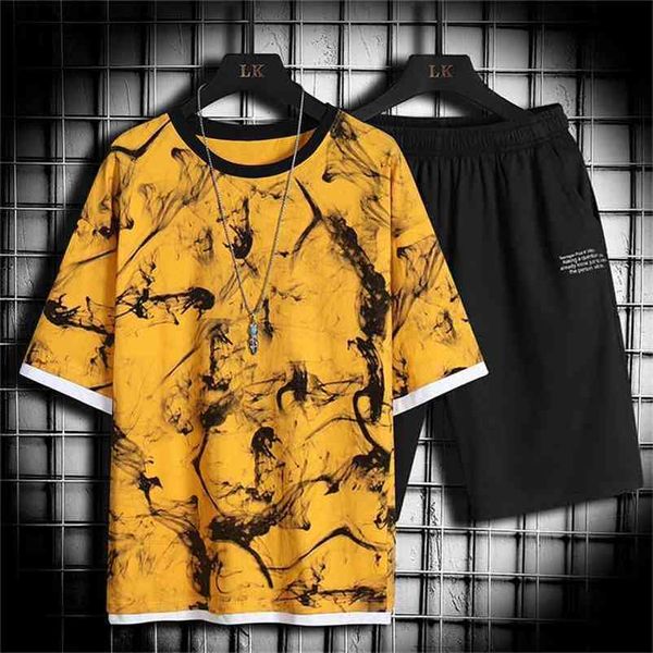 

summer mens casual set fashion 2 pcs sportswear suit short sleeve t-shirt shorts sets male sportswear tracksuit men 4xl 210806, Gray