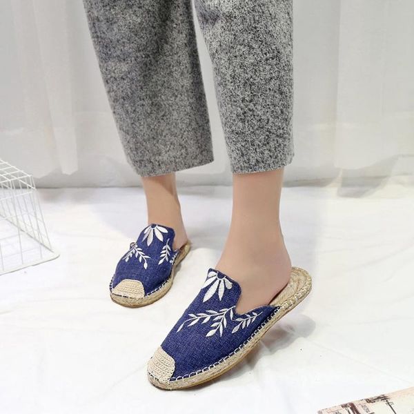 

slippers women espadrille flat sandals lace up ladies personality embroidered straw female casual shoes#0716, Black