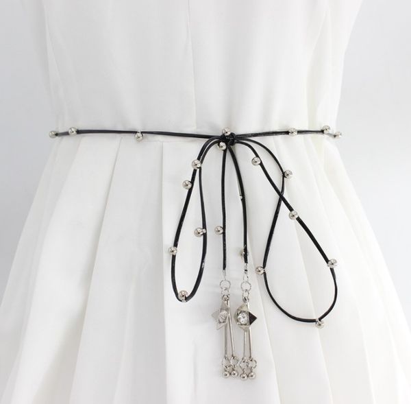 

korean version with skirt belts pu knot waist rope women's beaded chain dress adornment versatile thin belt, Black;brown