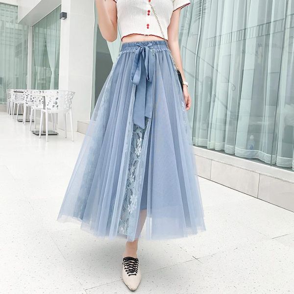

skirts patchwork lace tutu skirt women long plus size maxi pink blue for girls with lace-up hollow out high waist 2021 summer, Black