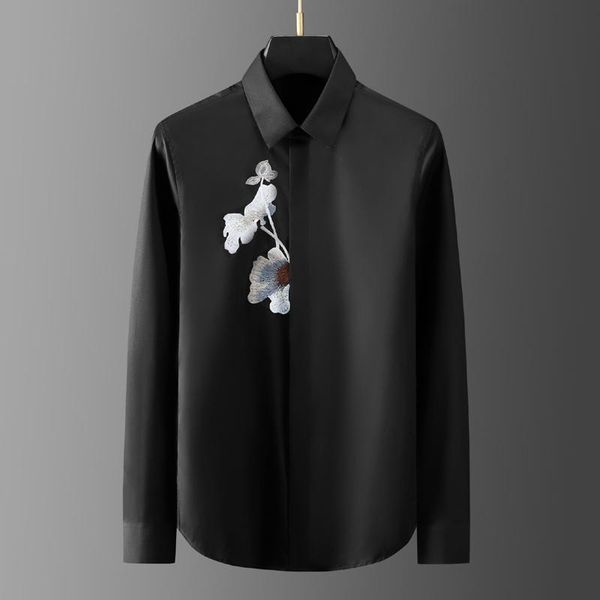 

elegant embroidery men shirt solid long sleeve business male dress shirts casual slim cotton chemise homme plus size xxxl camisa men's, White;black