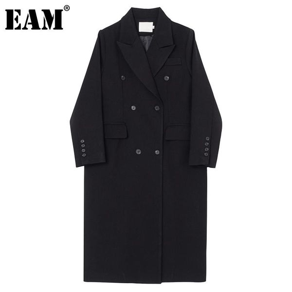 

[eam] women black double breasted long vintage blazer lapel sleeve loose jacket fashion spring autumn 2021 1dd0376 women's suits & blaz, White;black