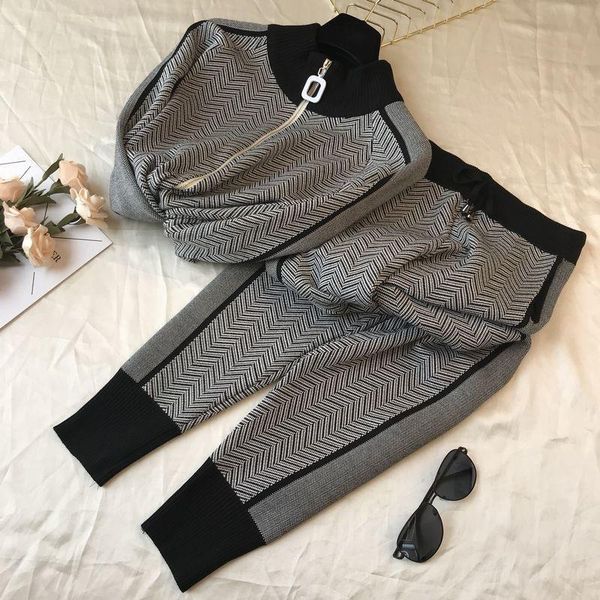 

korean winter ribbed printed tracksuit womens tracksuits 2 piece pant suits knitted long sleeve two set and pants suit, Gray
