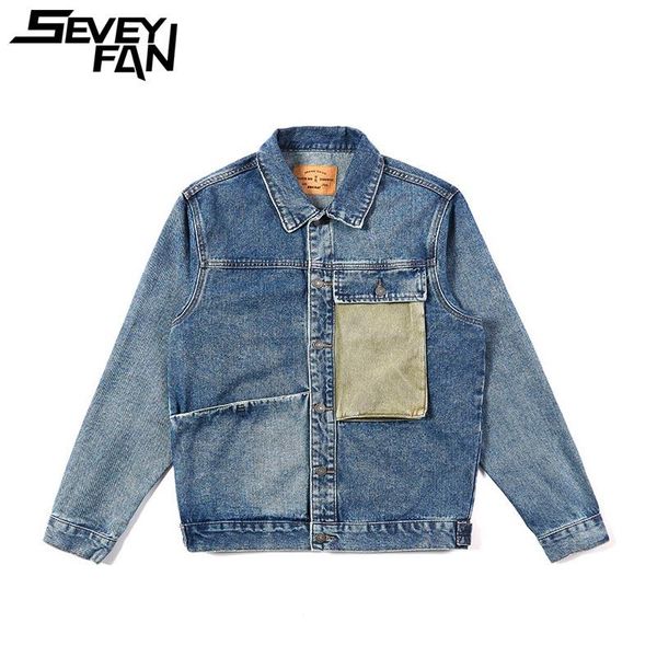 

men's jackets seveyfan 2021 retro denim jacket wash stitching patchwork tooling loose coat, Black;brown