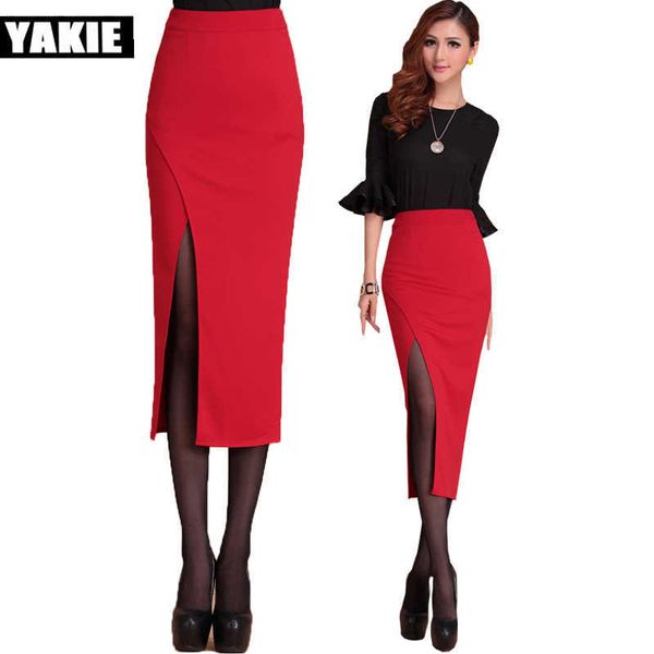 

plus size summer women skirt mid calf high waist slim ol open slit button pencil elegant ladies s 210608, Black