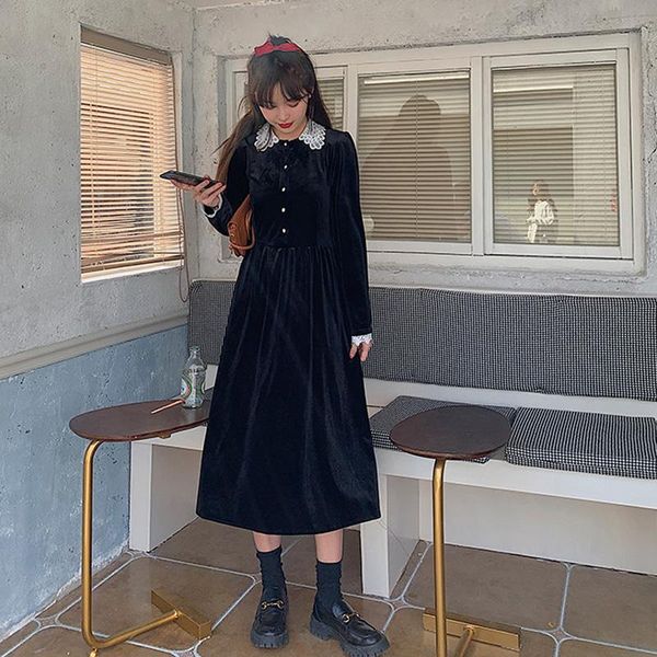 

casual dresses black dress party lace velvet autumn spring femme female vintage long sleeve women winter robe vestido, Black;gray