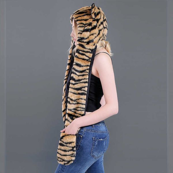 

fashion hat scarf glove integrated animal hat plush leopard yellow tiger pattern imitation fur 211207, Black