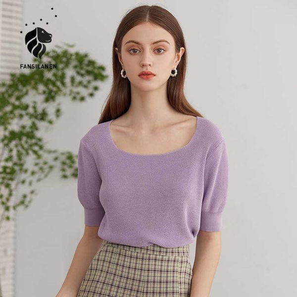

fansilanen short sleeve knitted sweater pullover women autumn winter vintage white jumper purple female knitwear 210607, White;black