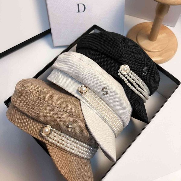 

fashion designer version celebrity small fragrance pearl navy hat women autumn cotton hemp duck tongue net red octagonal hat fashion, Black;white