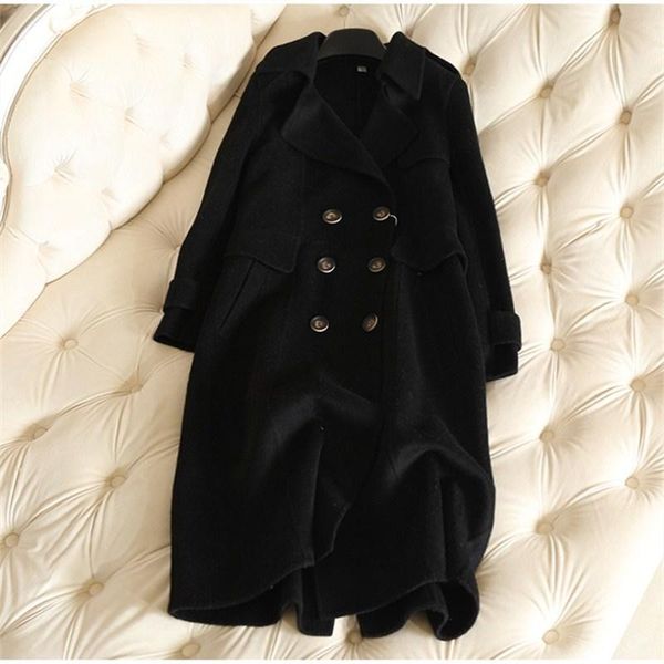 

women's wool & blends 2021 winter sheep alpaca 100% cashmere women autumn long woolen coat overknee v-neck slim black fashion
