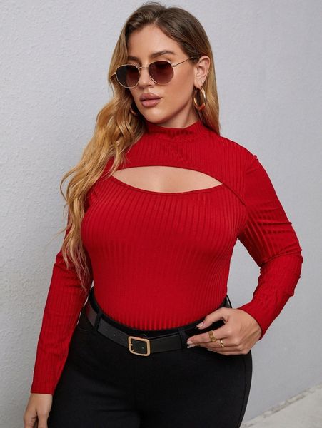 

plus rib knit cut out stand collar tee d3ge#, Black