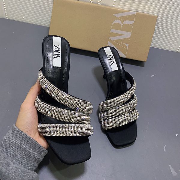 

women's slippers summer new fashion black rhinestone high heels square toe open stiletto sandals 60% off store online