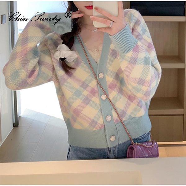 

women's sweaters women argyle cardigan jacket autumn diamond check mesh fine retro solid sweater sweet v neck q8po, White;black