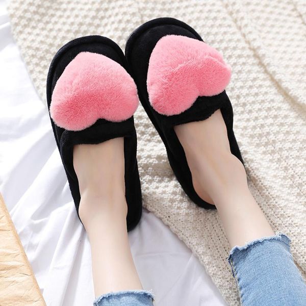 

slippers winter love women plush indoor house shoes warm fur cotton mop family, Black