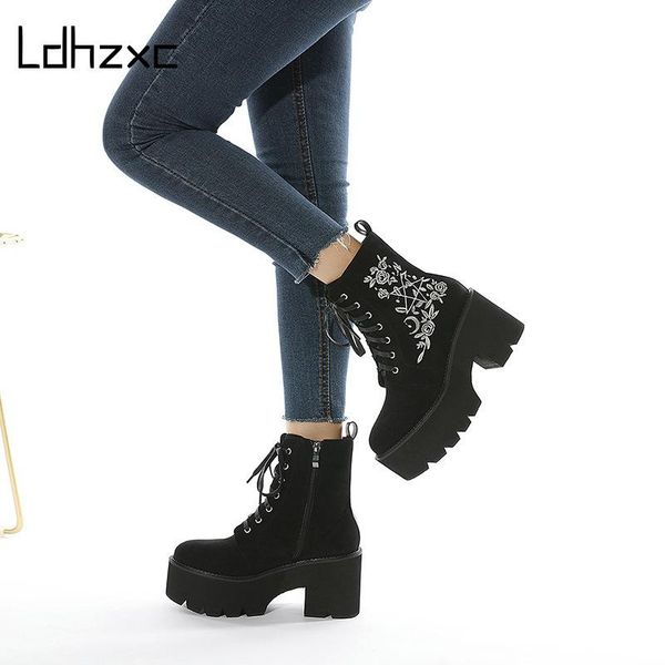 

boots ldhzxc embroidery women ankle waterproof high heels fall spring platform shoes for model botas muje with zipper, Black