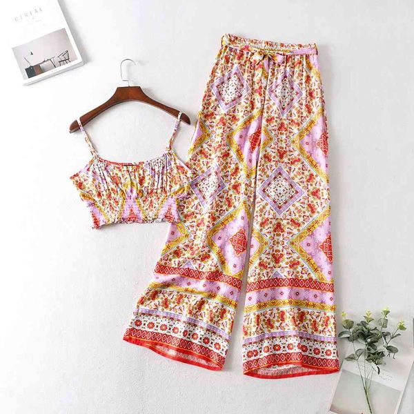 

women's women two piece pants sets floral print bohemian long pant with sleeveless short crop set casual summer boho beach hol, White