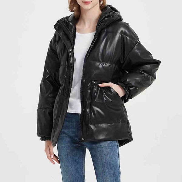 

women's leather & faux winter pu fake jackets women thick warm hooded parkas with sashes autumn casual coats for female 9nfj, Black