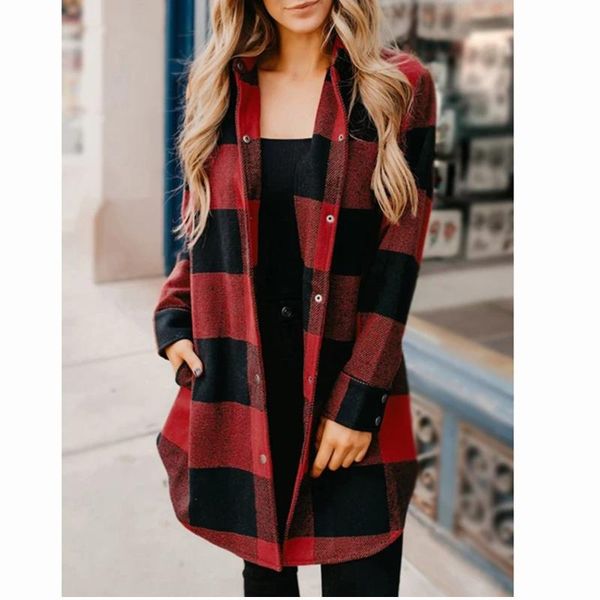 

women's jackets autumn winter women checked jacket casual turn down collar plaid long coat female oversized thick warm woolen blends ov, Black;brown