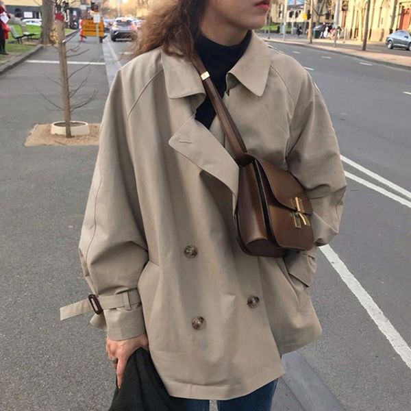 

women's trench coats coat women autumn retro french british style plain lapel double-breasted loose tie casual long-sleeved windbreaker, Tan;black